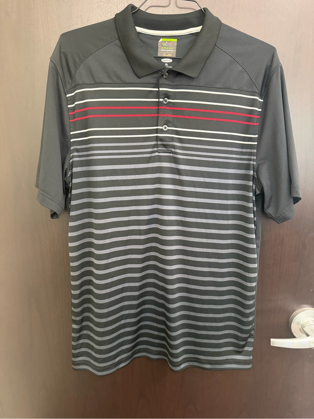 Greg Norman Collection Play Dry Black Polo with Gray, Red & White Stripes XL
